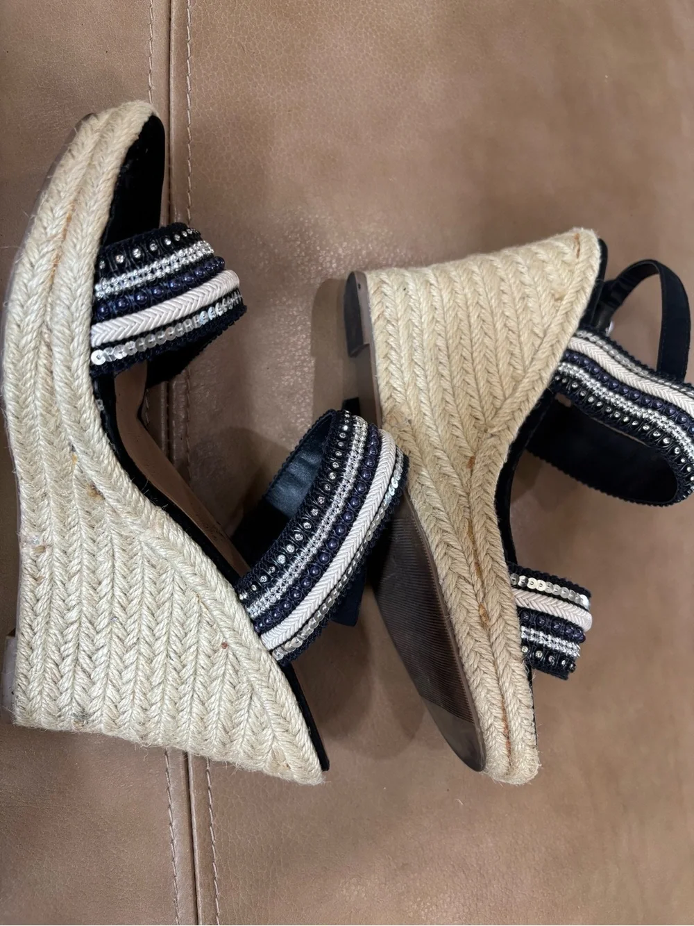 Andiamo Black Beaded Wedge Sandals with Ankle Strap